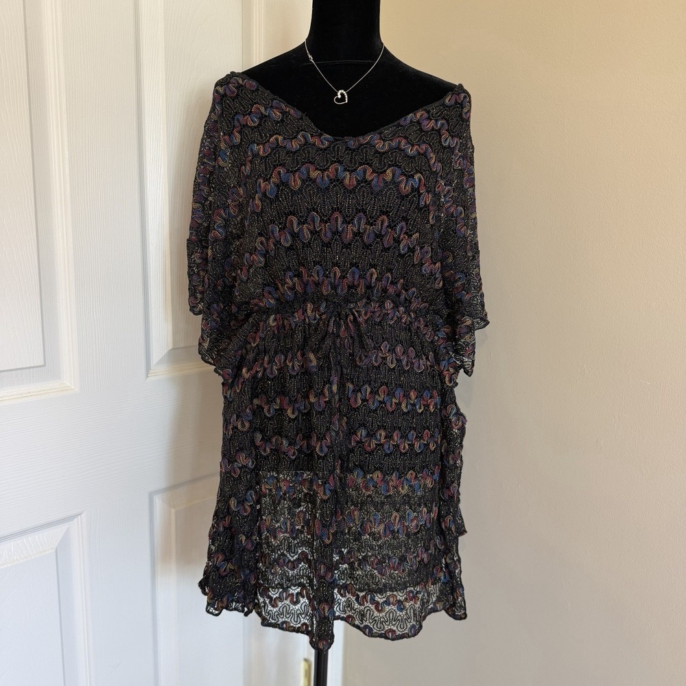 Womens Black Multicolor Sheer Crochet Dress Pool Coverup Drawstring OS Beach VTG